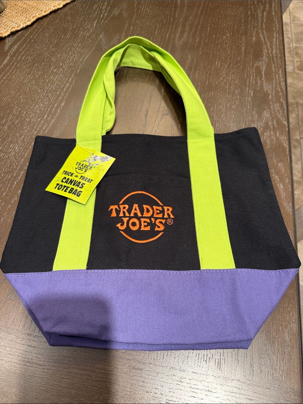Trader Joe's 2025 limited Halloween trick or treat tote lime handles purple